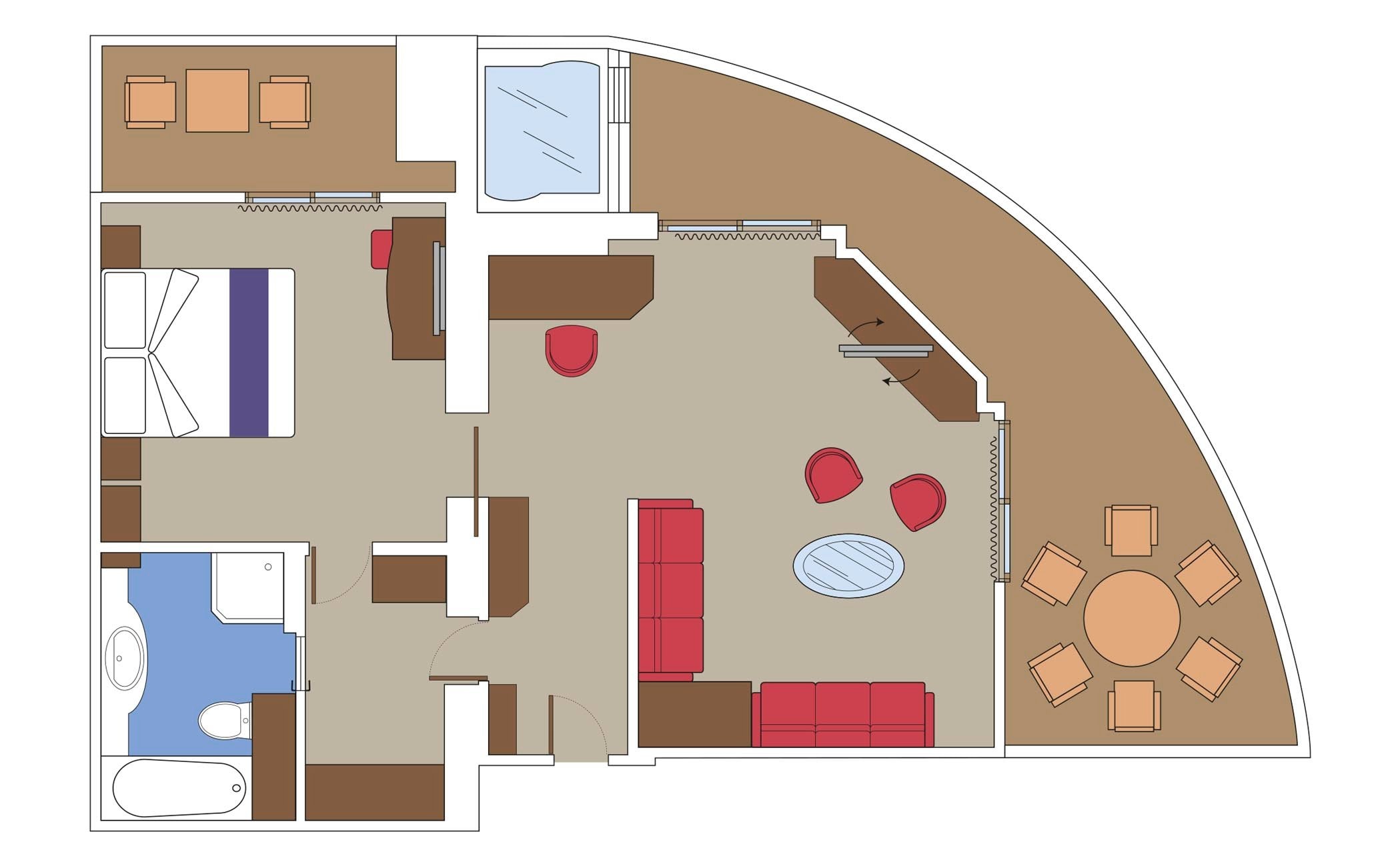Spacious cruise suite floor plan with bedroom, living area, balcony, and bathroom | MSC Cruises Spacious cruise suite floor plan with bedroom, living area, balcony, and bathroom | MSC Cruises