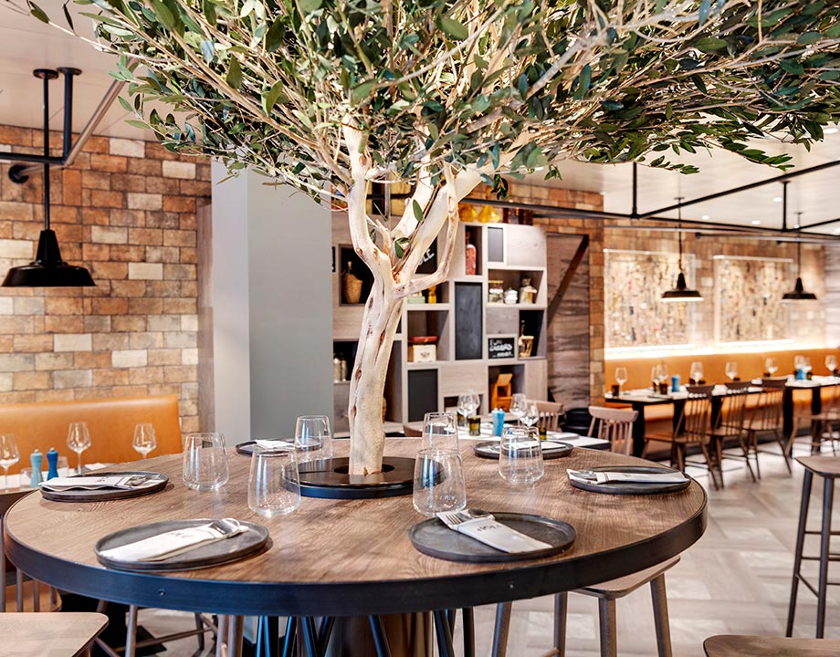 Elegant onboard restaurant with tree centerpiece and modern decor | MSC Cruises Elegant onboard restaurant with tree centerpiece and modern decor | MSC Cruises