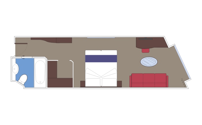 Spacious cruise cabin layout with bed, sofa, table, and private bathroom | MSC Cruises Spacious cruise cabin layout with bed, sofa, table, and private bathroom | MSC Cruises