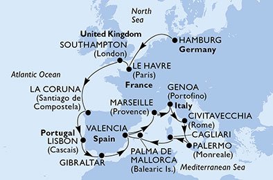 Tyskland, Frankrig, Storbritannien, Spanien, Portugal, Gibraltar, Italien