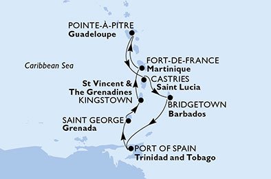 Guadeloupe, Saint Lucia, Barbados, Trinidad og Tobago, Grenada, Saint Vincent & Grenadinerne, Martinique