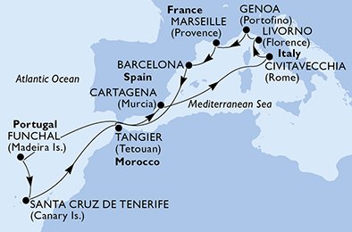 Italien, Frankrig, Spanien, Portugal, Marokko