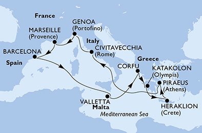 Spanien, Malta, Grækenland, Italien, Frankrig