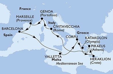 Frankrig, Spanien, Malta, Grækenland, Italien