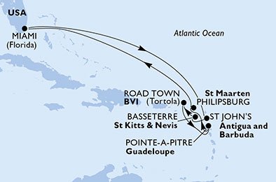 USA, Antigua og Barbuda, Saint Kitts og Nevis, De Britiske Jomfruøer, Guadeloupe, St. Maarten