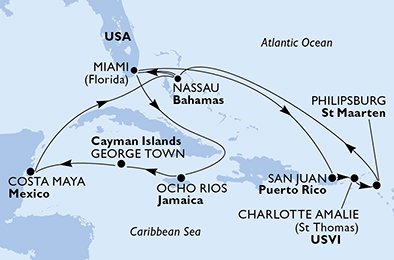 USA, Puerto Rico, De Amerikanske Jomfruøer, St. Maarten, Bahamas, Jamaica, Grand Cayman, Mexico