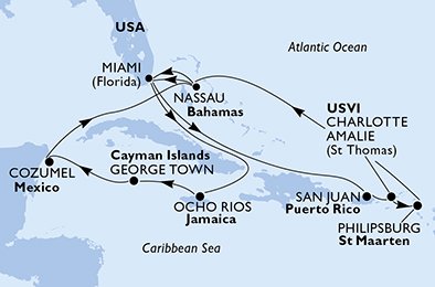 USA, Jamaica, Grand Cayman, Mexico, Bahamas, Puerto Rico, De Amerikanske Jomfruøer, St. Maarten