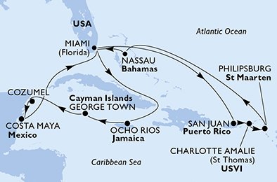 USA, Puerto Rico, De Amerikanske Jomfruøer, St. Maarten, Bahamas, Jamaica, Grand Cayman, Mexico