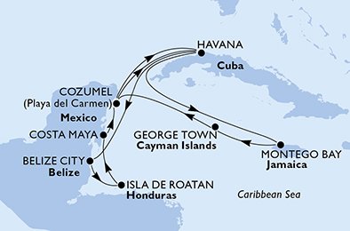 Cuba, Jamaica, Grand Cayman, Mexico, Belize, Honduras