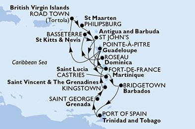 Martinique, Guadeloupe, De Britiske Jomfruøer, St. Maarten, Dominica, Saint Kitts og Nevis, Antigua og Barbuda, Saint Lucia, Barbados, Trinidad og Tobago, Grenada, Saint Vincent & Grenadinerne