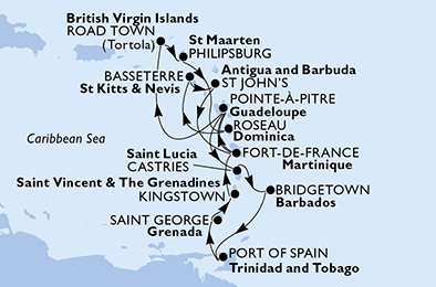 Guadeloupe, De Britiske Jomfruøer, St. Maarten, Dominica, Saint Kitts og Nevis, Antigua og Barbuda, Martinique, Saint Lucia, Barbados, Trinidad og Tobago, Grenada, Saint Vincent & Grenadinerne