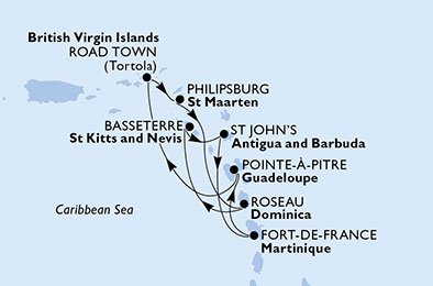 Guadeloupe, De Britiske Jomfruøer, St. Maarten, Dominica, Saint Kitts og Nevis, Antigua og Barbuda, Martinique