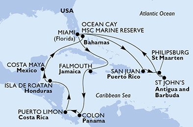 USA, Puerto Rico, St. Maarten, Antigua og Barbuda, Jamaica, Panama, Costa Rica, Honduras, Mexico, Bahamas