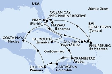 USA, Puerto Rico, De Britiske Jomfruøer, St. Maarten, Bahamas, Jamaica, Aruba, Colombia, Panama, Mexico