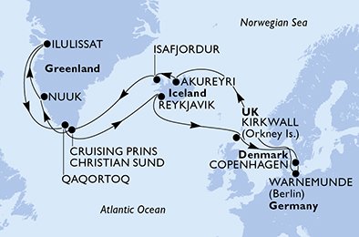 Copenhagen,Warnemunde,Akureyri,Isafjordur,Cruisin Prins Christian Sund W,Cruisin Prins Christian Sund E,Nuuk,Ilulissat,Ilulissat,Qaqortoq,Reykjavik,Reykjavik,Kirkwall,Copenhagen